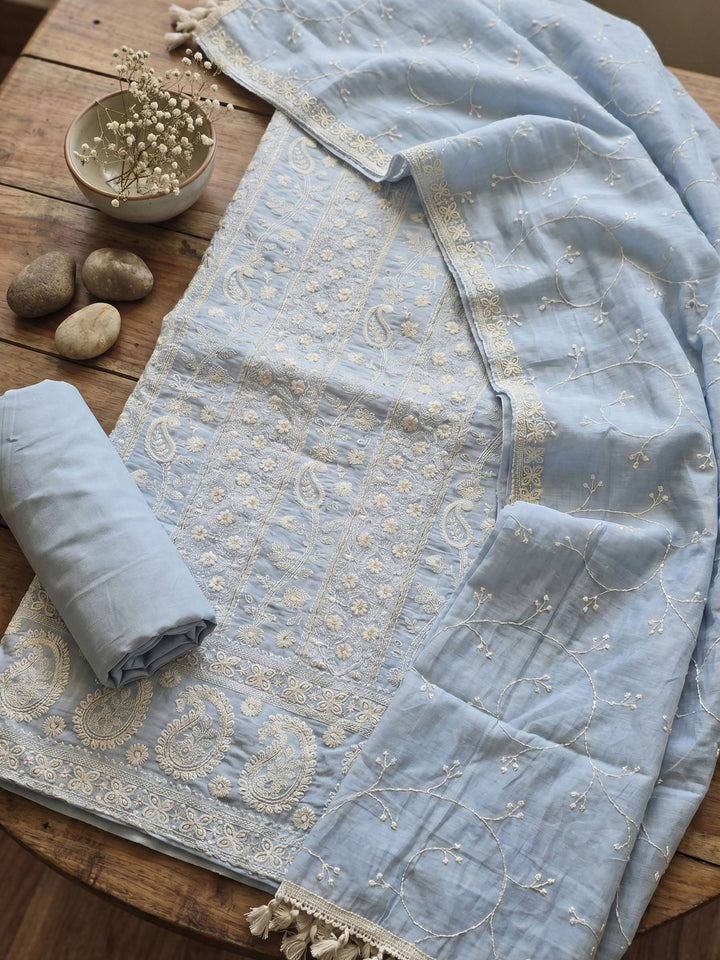 Thread Embroidered Cotton Blend Unstitched Suit With Dupatta
