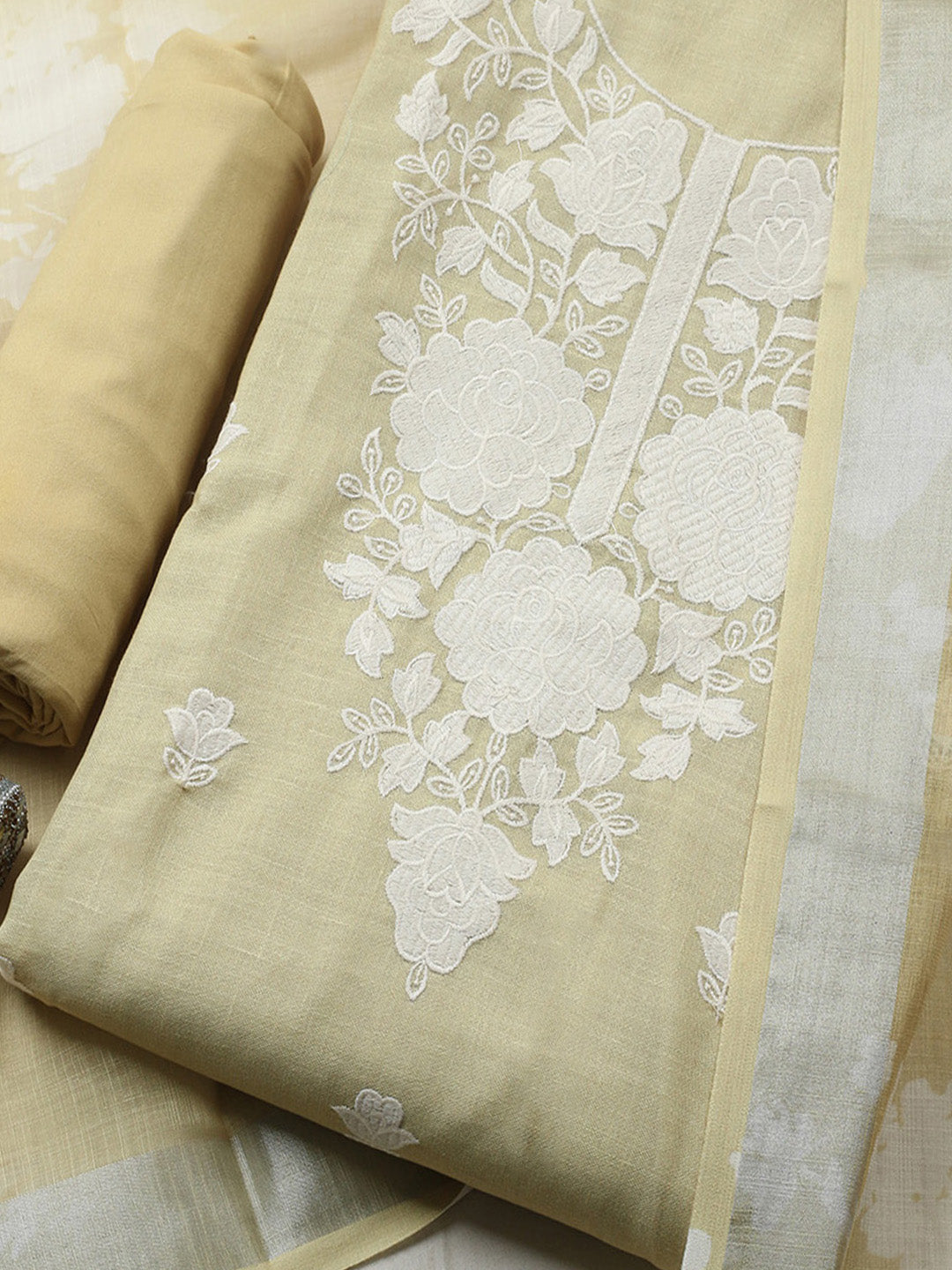 Embroidered Linen Blend Unstitched Suit With Pant &amp; Dupatta
