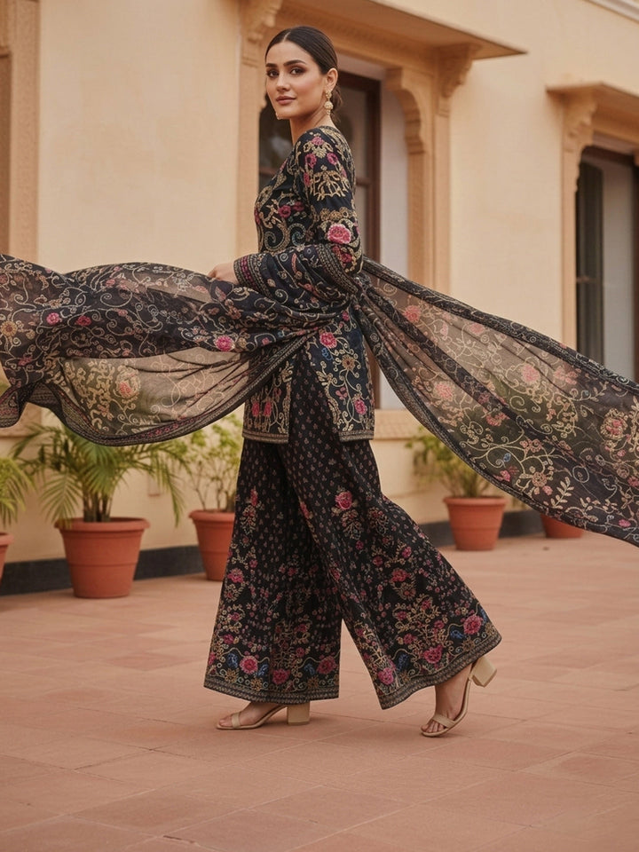 Printed Muslin Kurta With Sharara &amp; Dupatta
