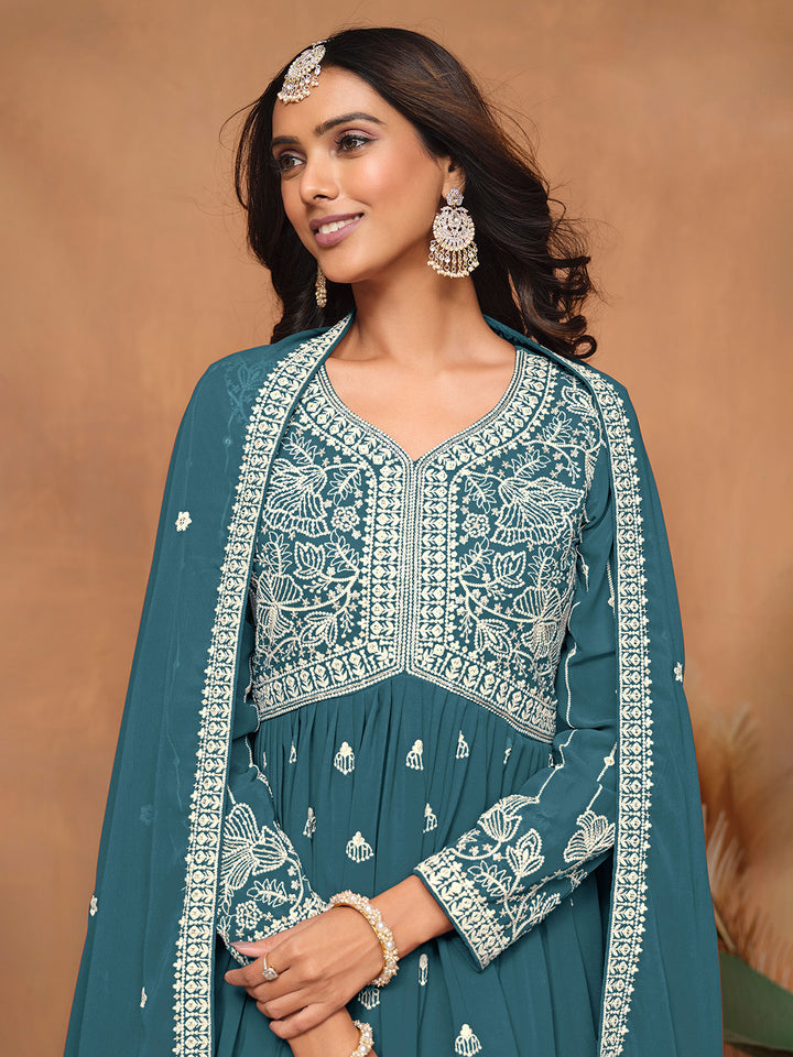 Embroidered Georgette Semi Stitched Kurta With Sharara &amp; Dupatta