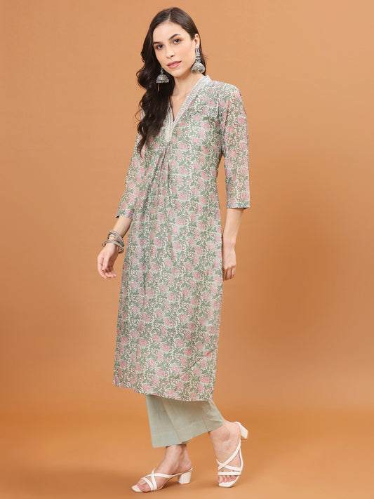 Floral Printed Cotton Kurta With Pants