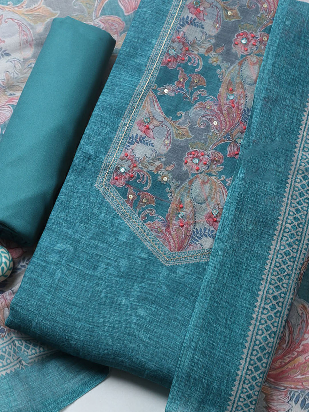 Embroidered Linen Blend Unstitched Suit With Pant &amp; Dupatta
