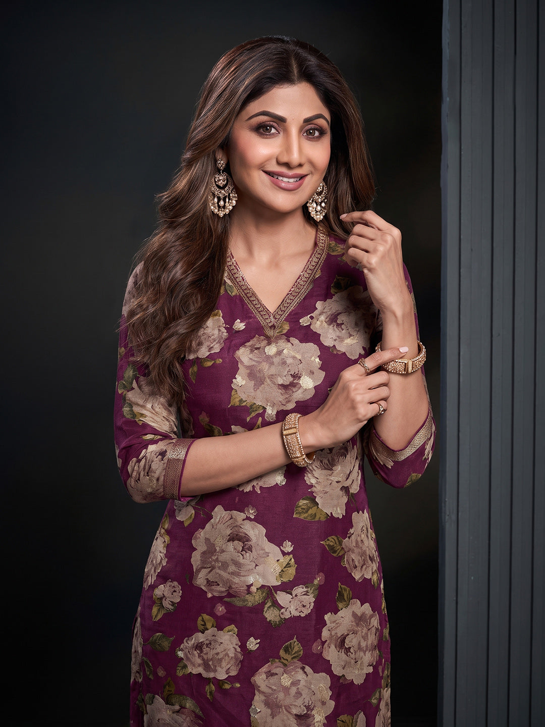 Wine Printed Art Silk Kurta With Pant &amp; Dupatta