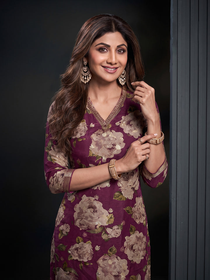 Wine Printed Art Silk Kurta With Pant &amp; Dupatta