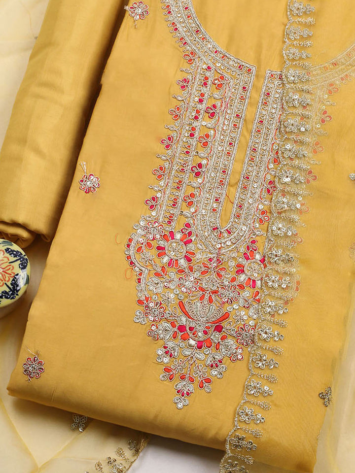 Embroidered Chanderi Unstitched Suit With Pant &amp; Dupatta