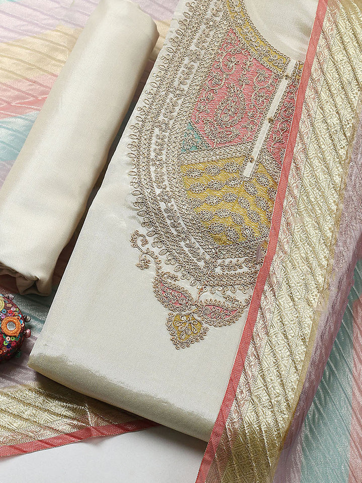 Embroidered Tissue Unstitched Suit With Pant &amp; Dupatta