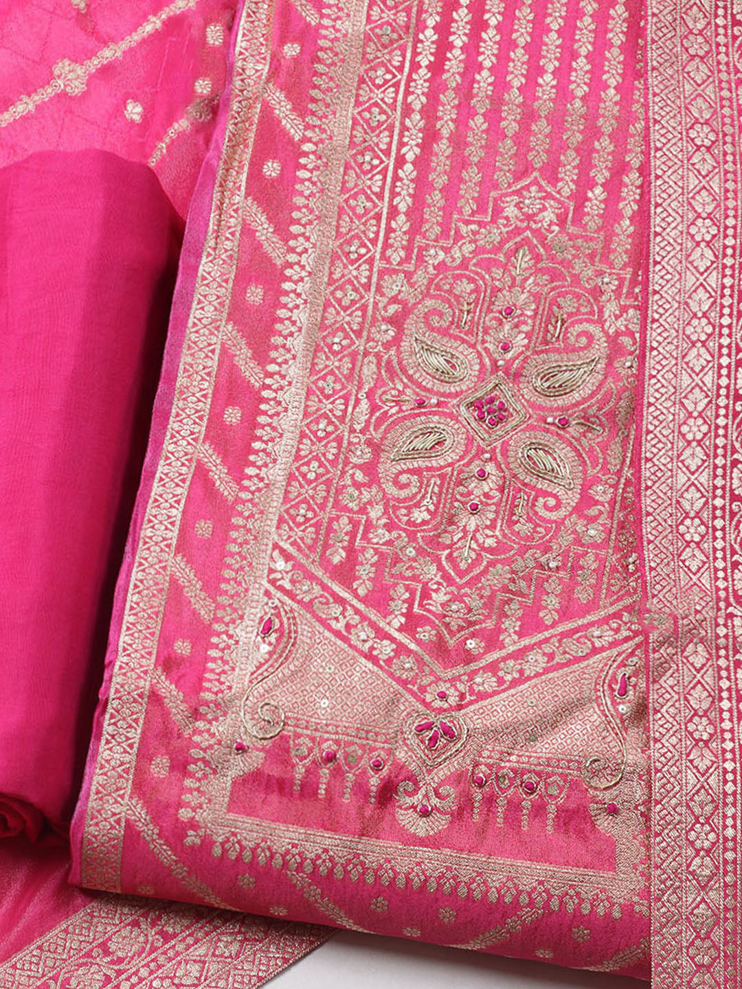 Woven Design Chanderi Unstitched Kurta With Pant &amp; Dupatta