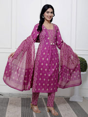 Printed Cotton Blend Kurta With Pants & Dupatta