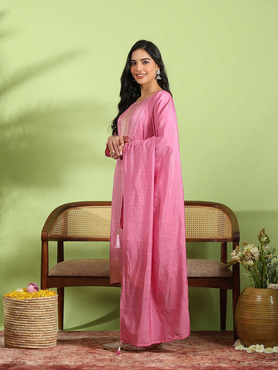 Embroidered Cotton Kurta With Pant &amp; Dupatta