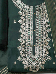 Embroidered Chanderi Bottle Green Unstitched Suit With Pant & Dupatta