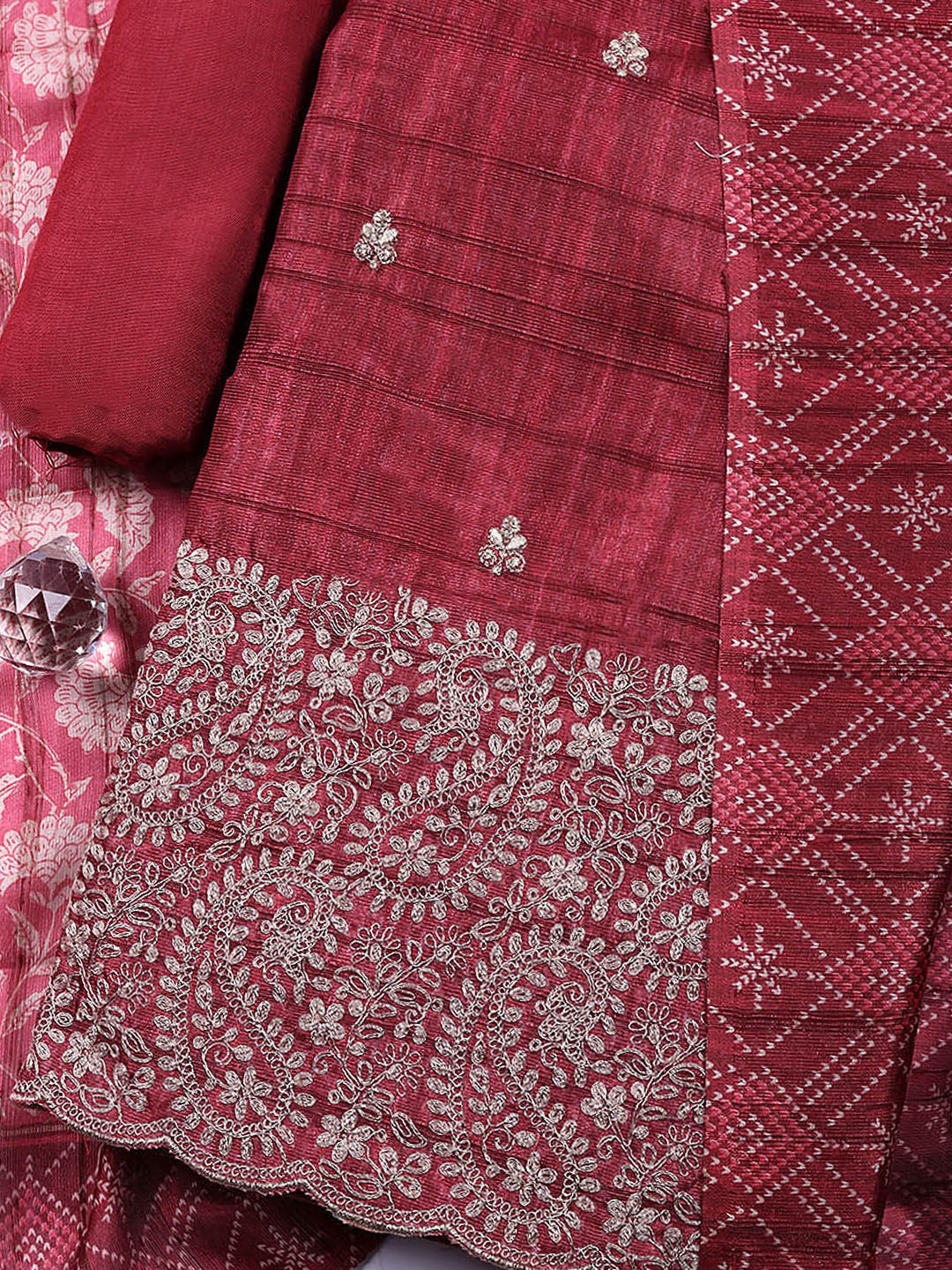 Embroidered Tussar Silk Unstitched Suit With Pant &amp; Dupatta