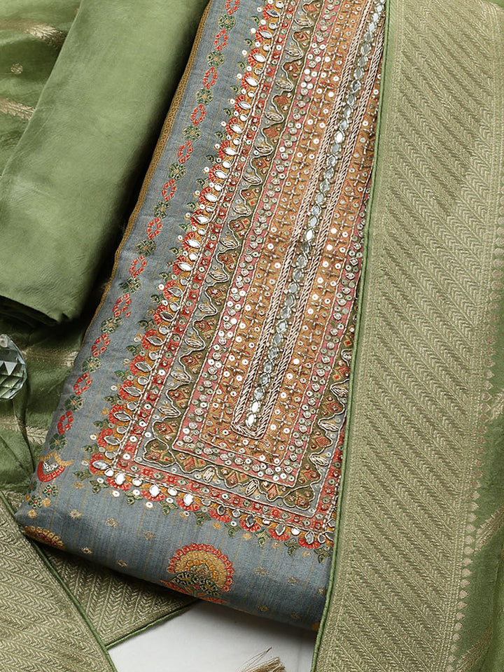 Embroidered Chanderi Unstitched Suit With Pant &amp; Dupatta