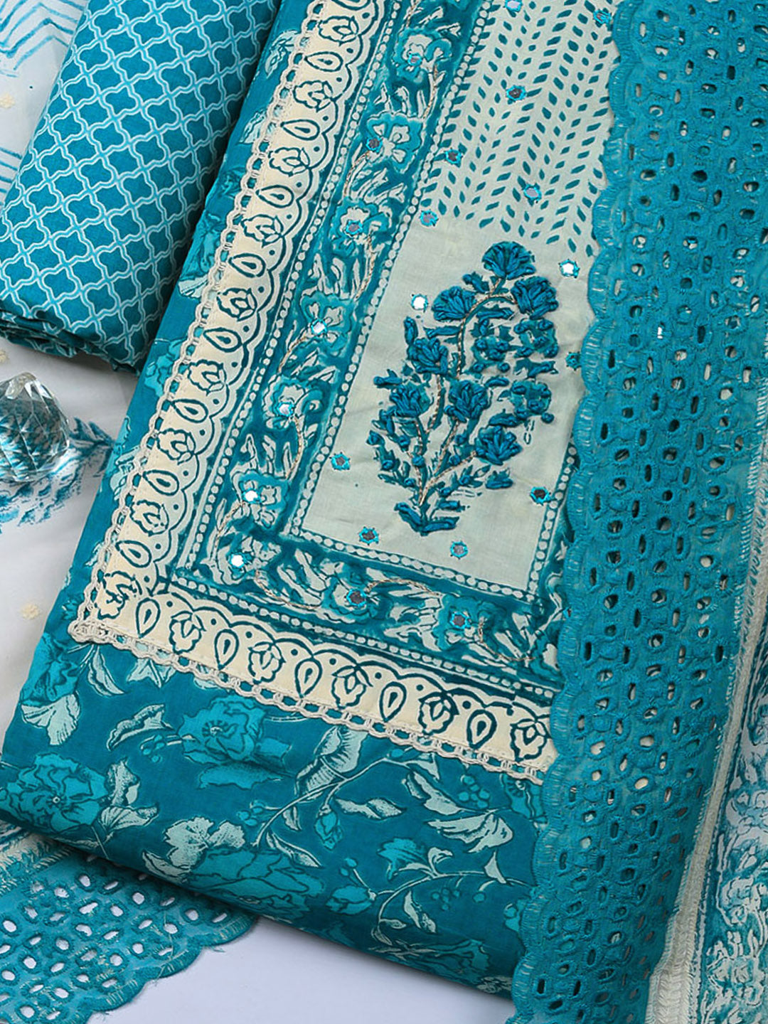 Embroidered Cotton Blend Unstitched Suit With Pant &amp; Dupatta
