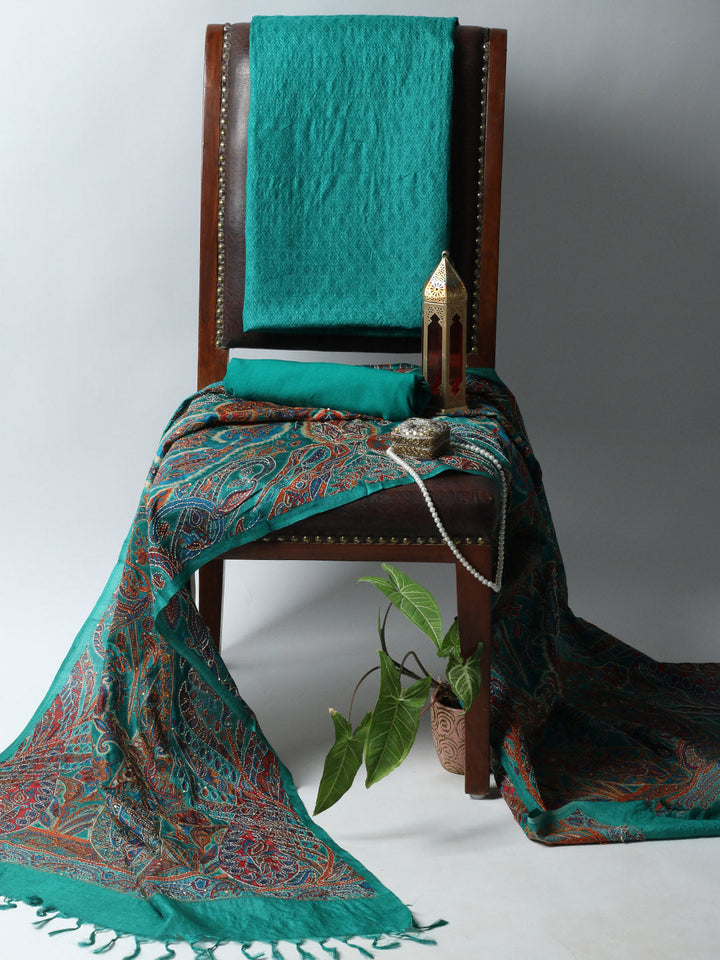 Printed Tussar Unstitched Kurta With Pant &amp; Dupatta
