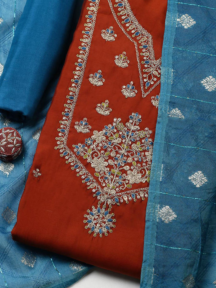 Neck Embroidered Chanderi Unstitched Suit With Dupatta