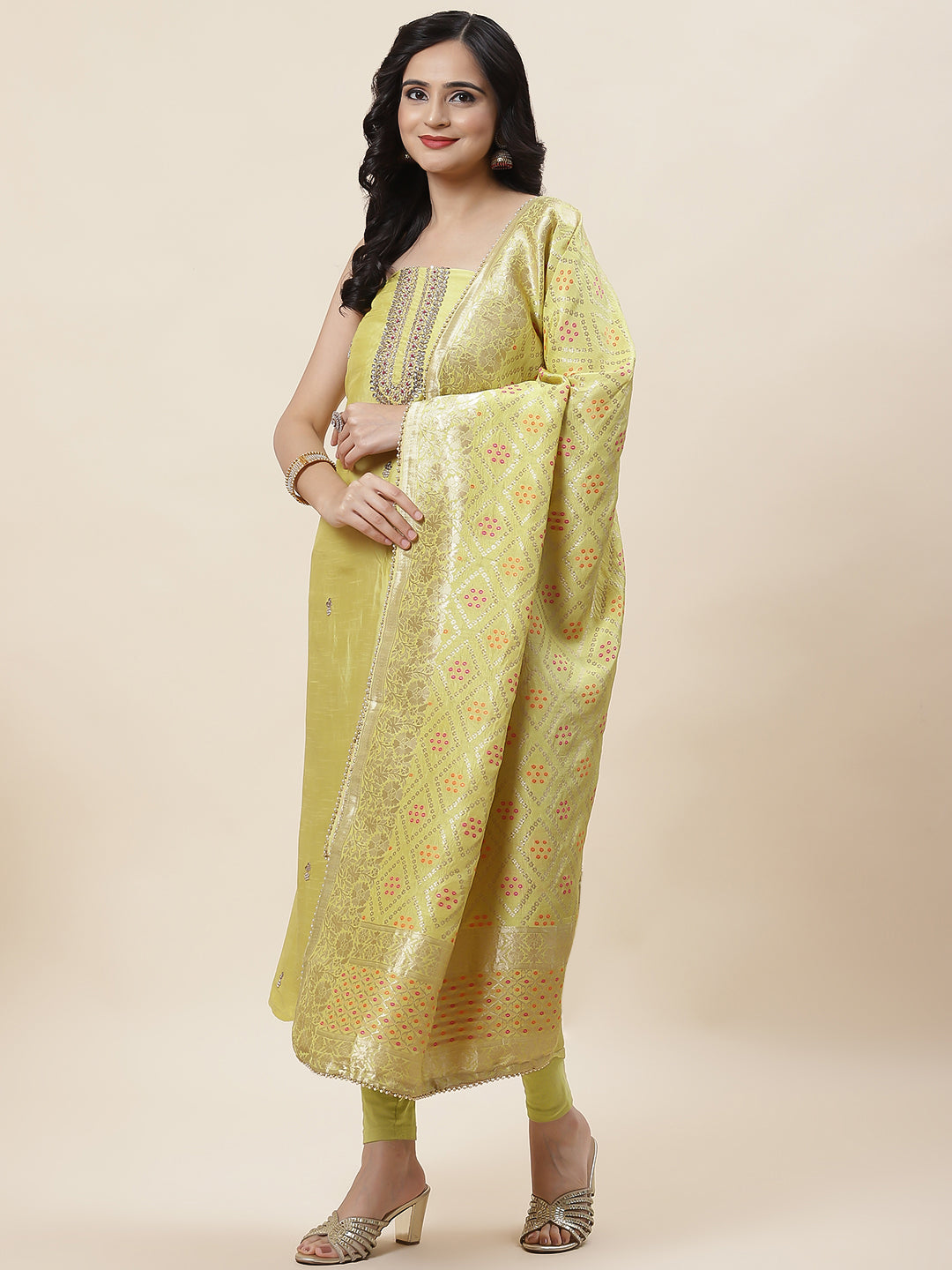 Neck Embroidered Chanderi Unstitched Suit Piece With Dupatta