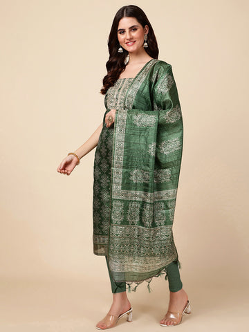 Neck Embroidered Chanderi Unstitched Suit Dupatta