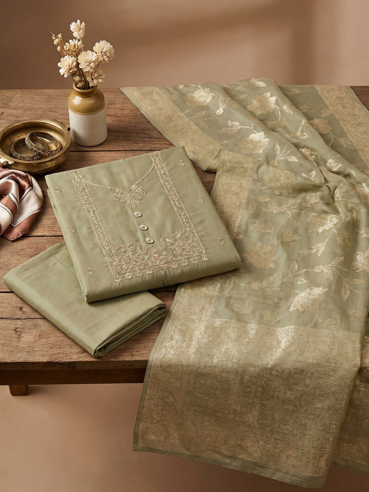 Neck Embroidered Cotton Blend Unstitched Suit With Dupatta