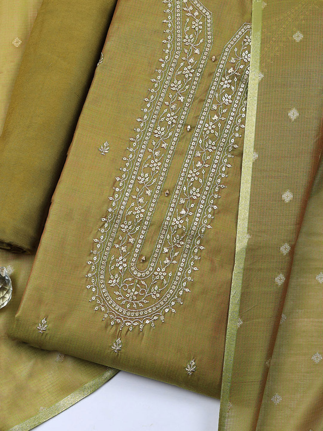 Embroidered Chanderi Unstitched Suit With Pant &amp; Dupatta