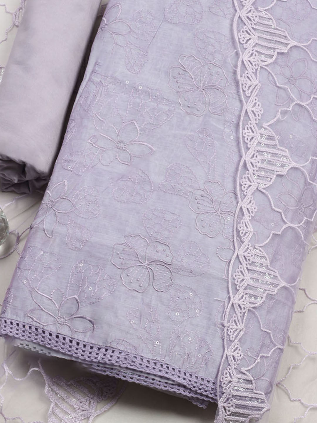 Embroidered Chanderi Unstitched Suit With Pant &amp; Dupatta