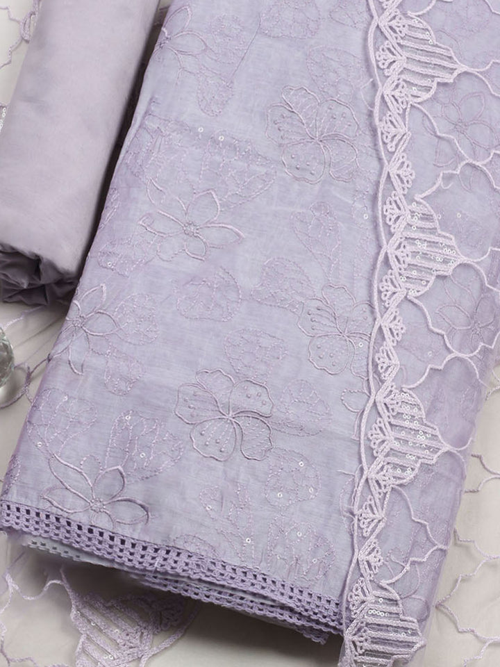 Embroidered Chanderi Unstitched Suit With Pant &amp; Dupatta