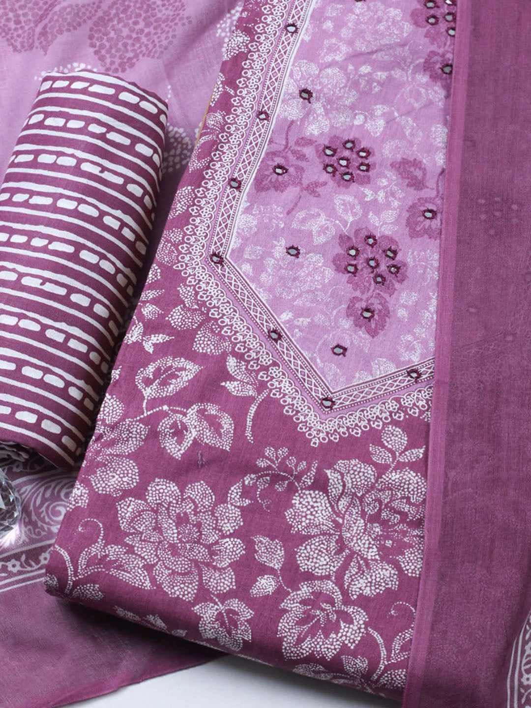 Printed Cotton Blend Unstitched Suit With Pant &amp; Dupatta