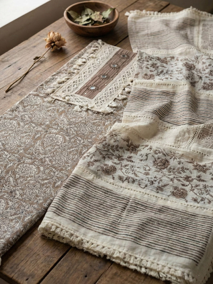 Embroidered Cotton Blend Unstitched Suit With Pant &amp; Dupatta