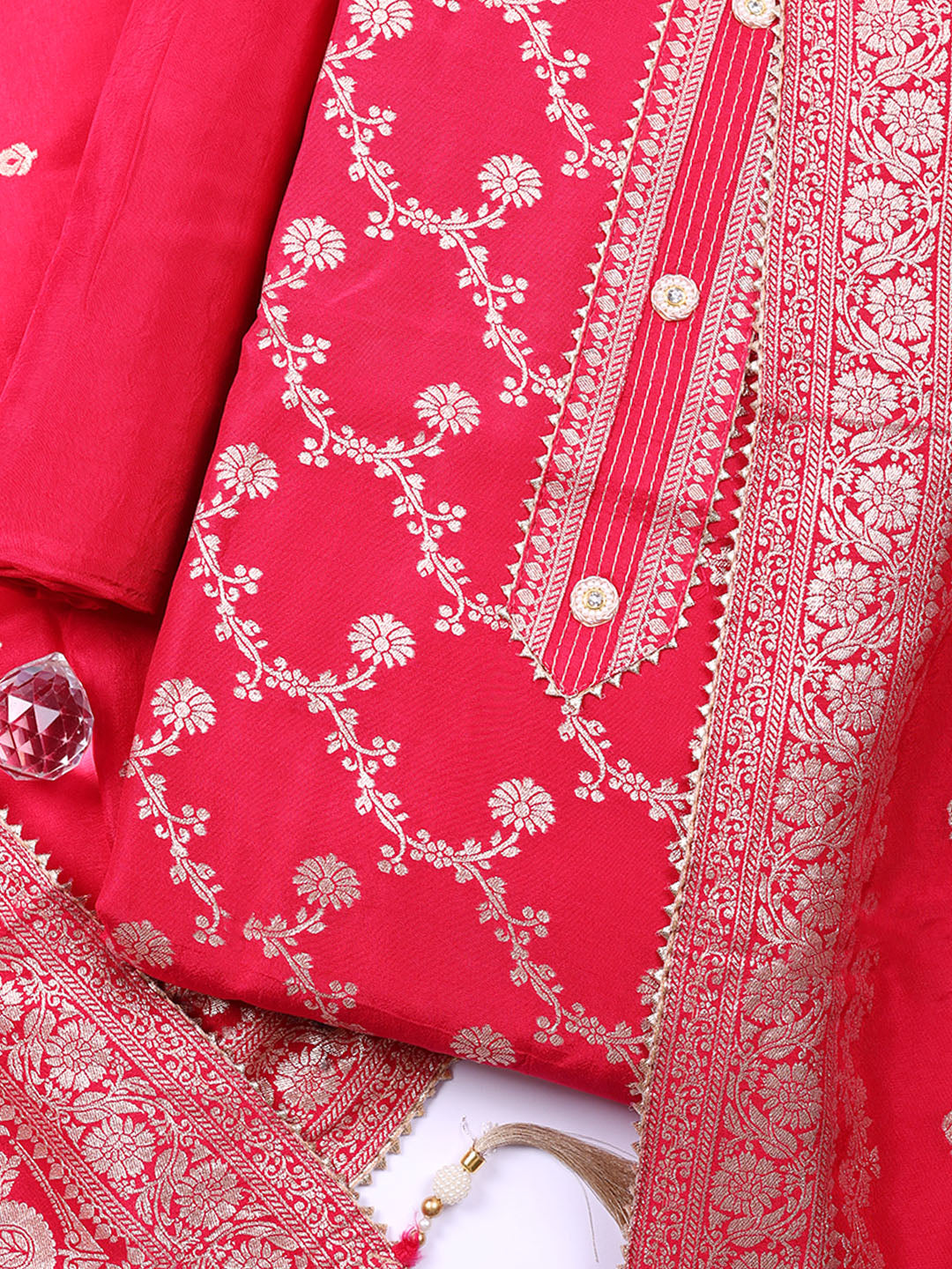 Embroidered Chanderi Unstitched Suit With Pant &amp; Dupatta