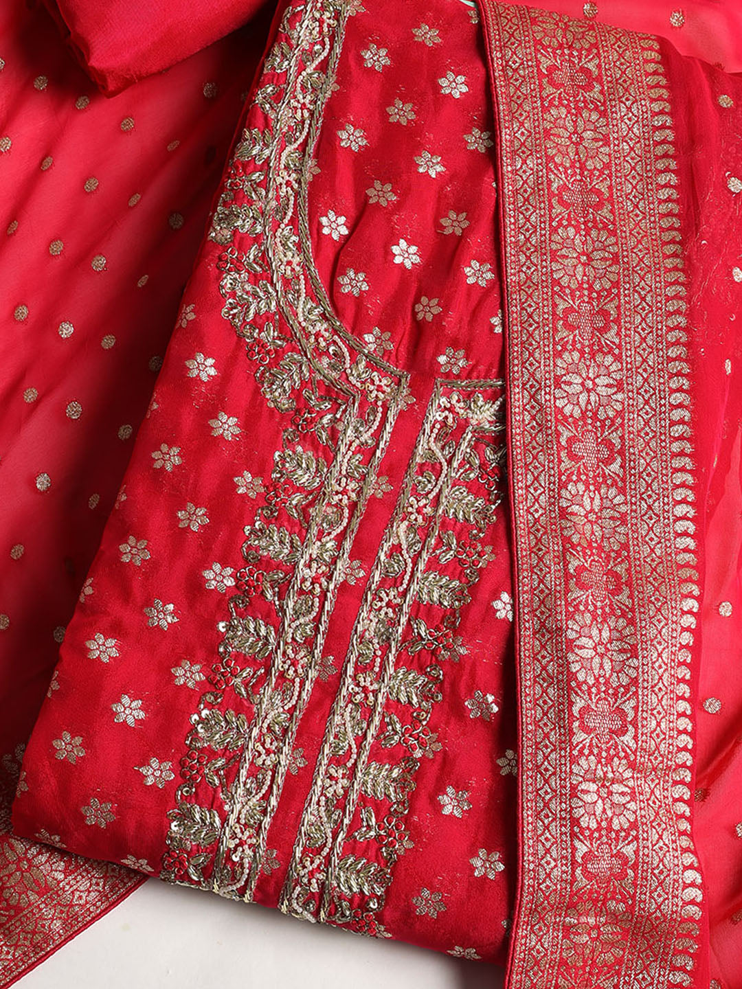 Neck Embroidered Georgette Unstitched Suit With Dupatta