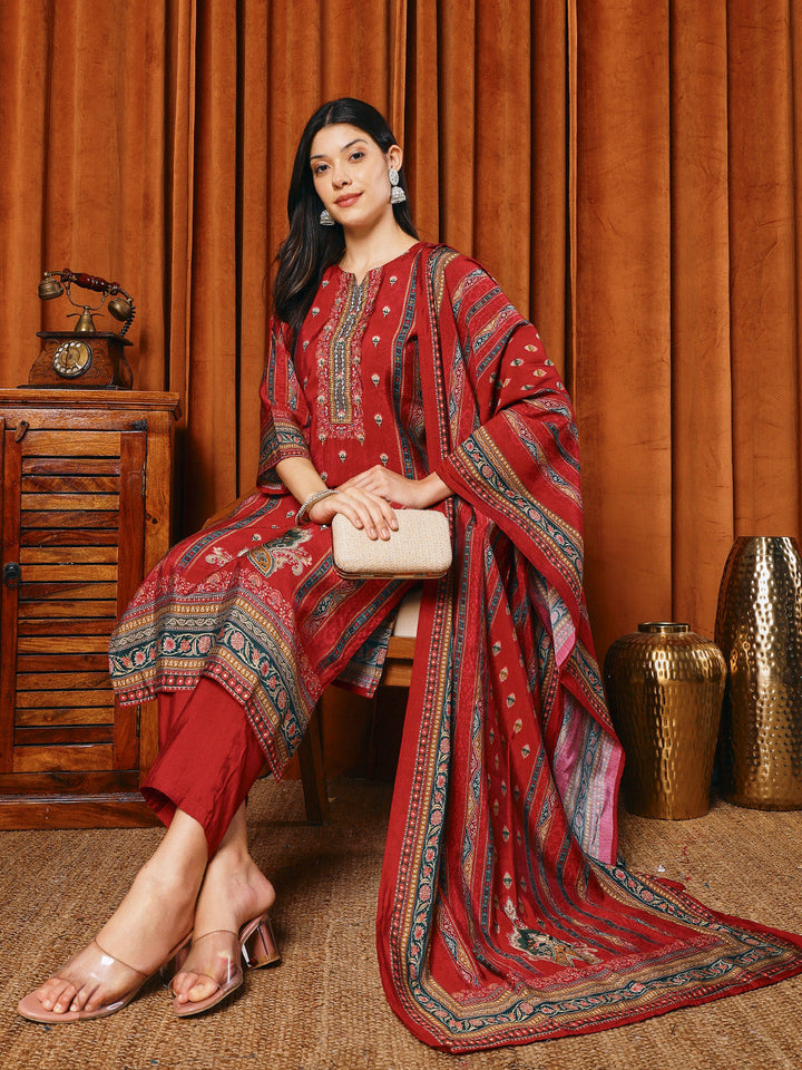 Printed Cotton Blend Kurta With Pants &amp; Dupatta