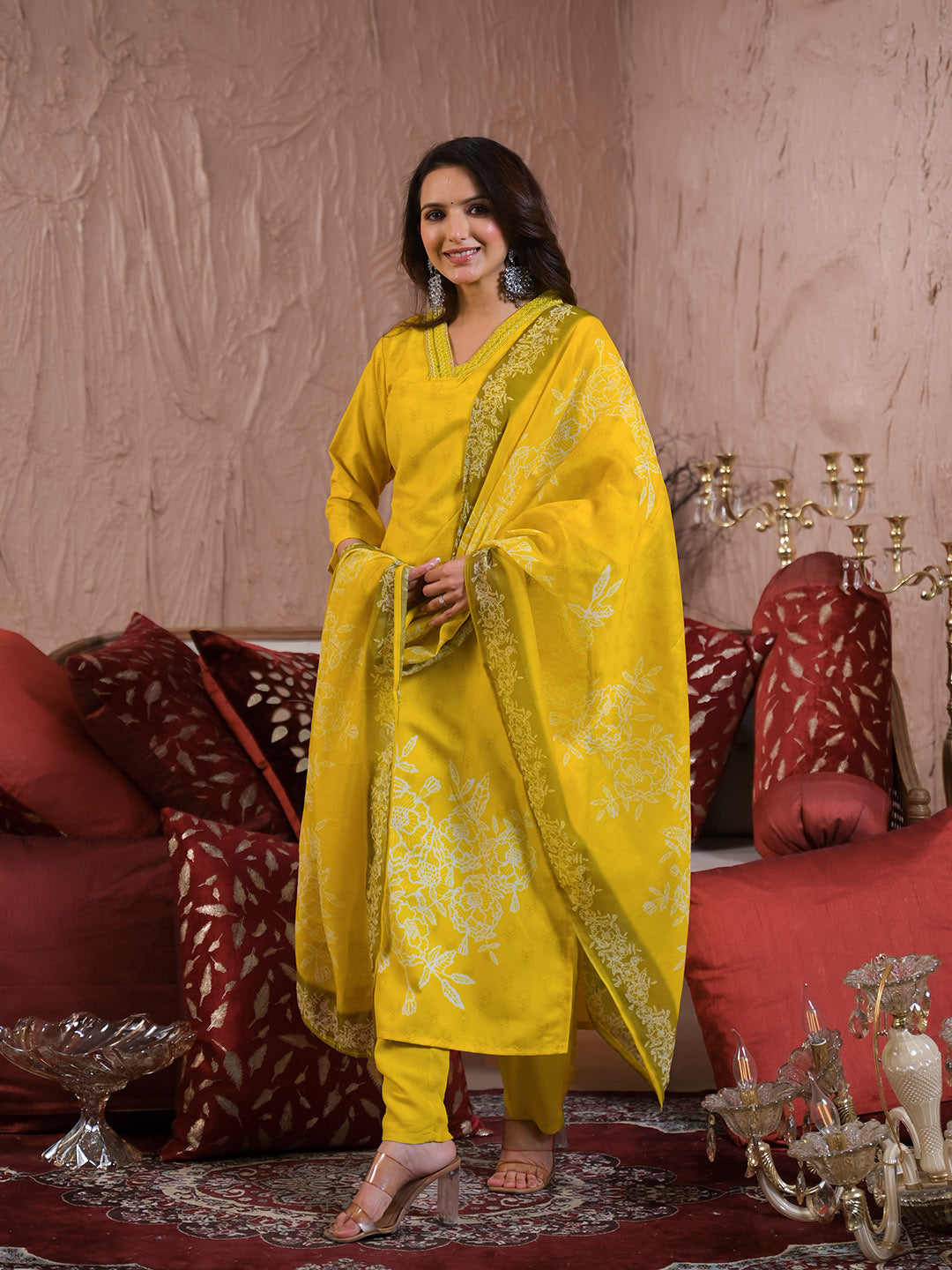 Neck Embroidery Cotton Blend Kurta With Pants &amp; Dupatta