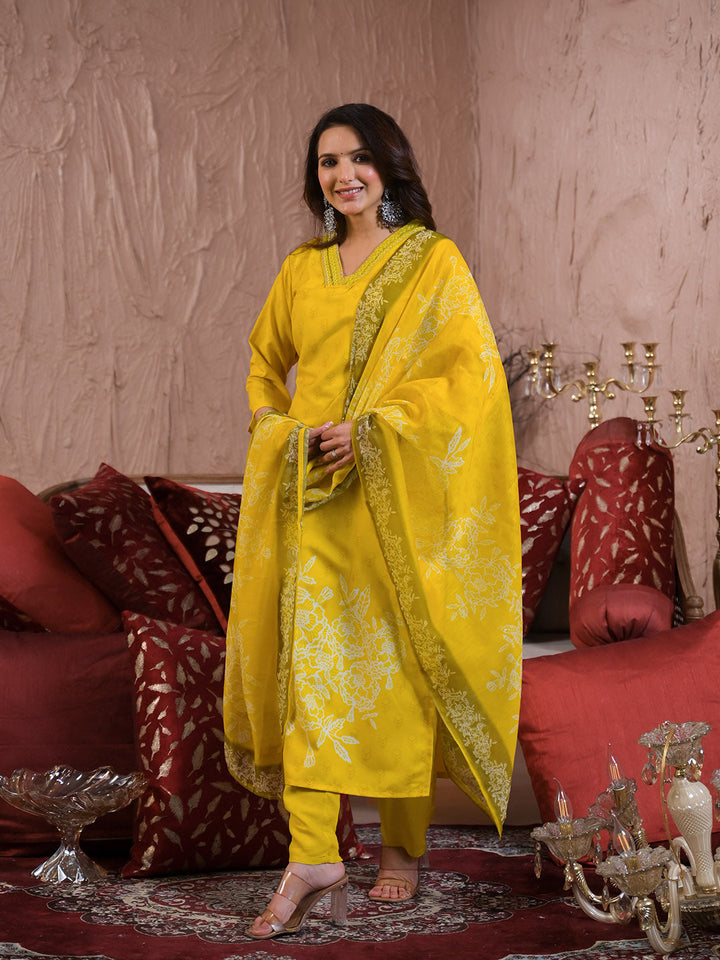 Neck Embroidery Cotton Blend Kurta With Pants &amp; Dupatta