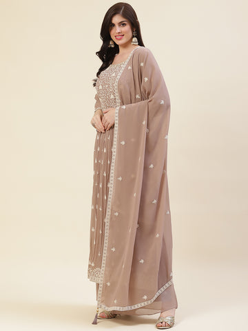 Resham Embroidered Booti Georgette Kurta With Palazzo & Dupatta