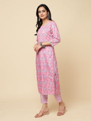 Floral Printed Cotton Kurta With Pants & Dupatta