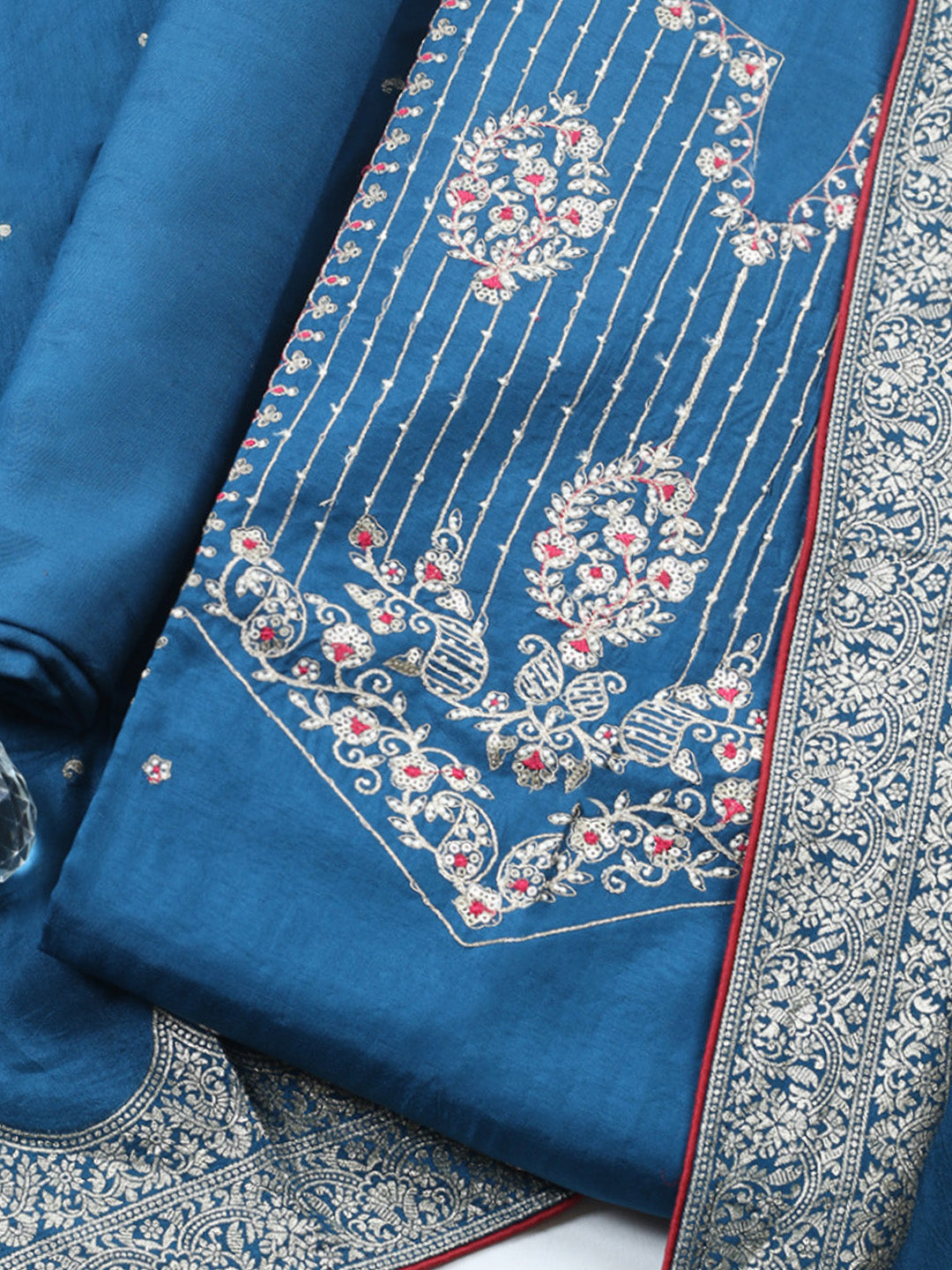 Embroidered Chanderi Unstitched Suit With Pant &amp; Dupatta