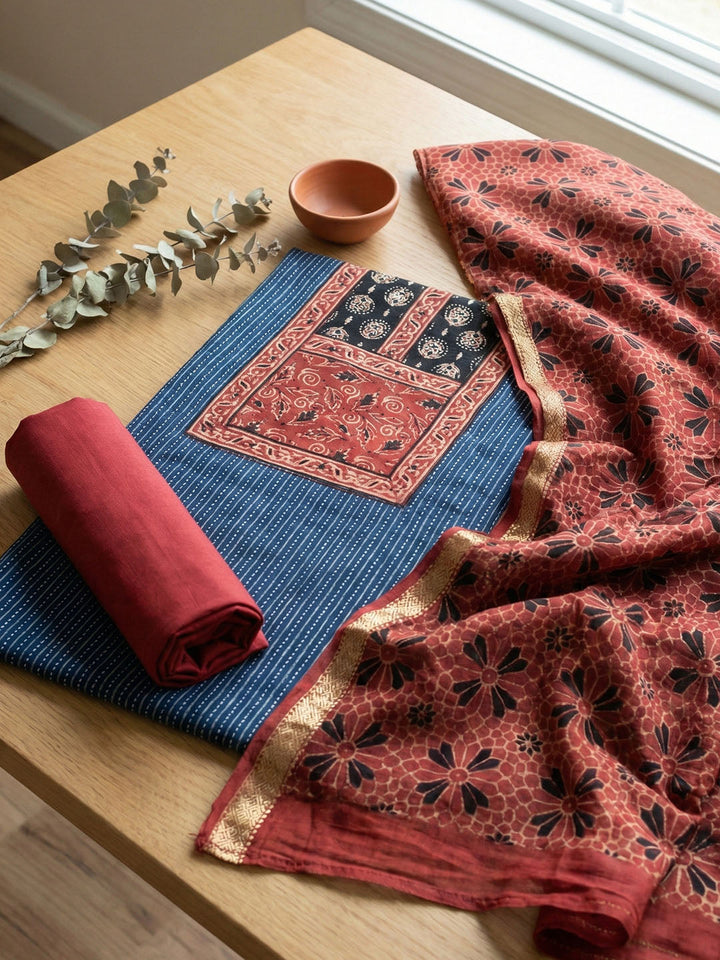 Embroidered Cotton Blend Unstitched Suit With Pant &amp; Dupatta