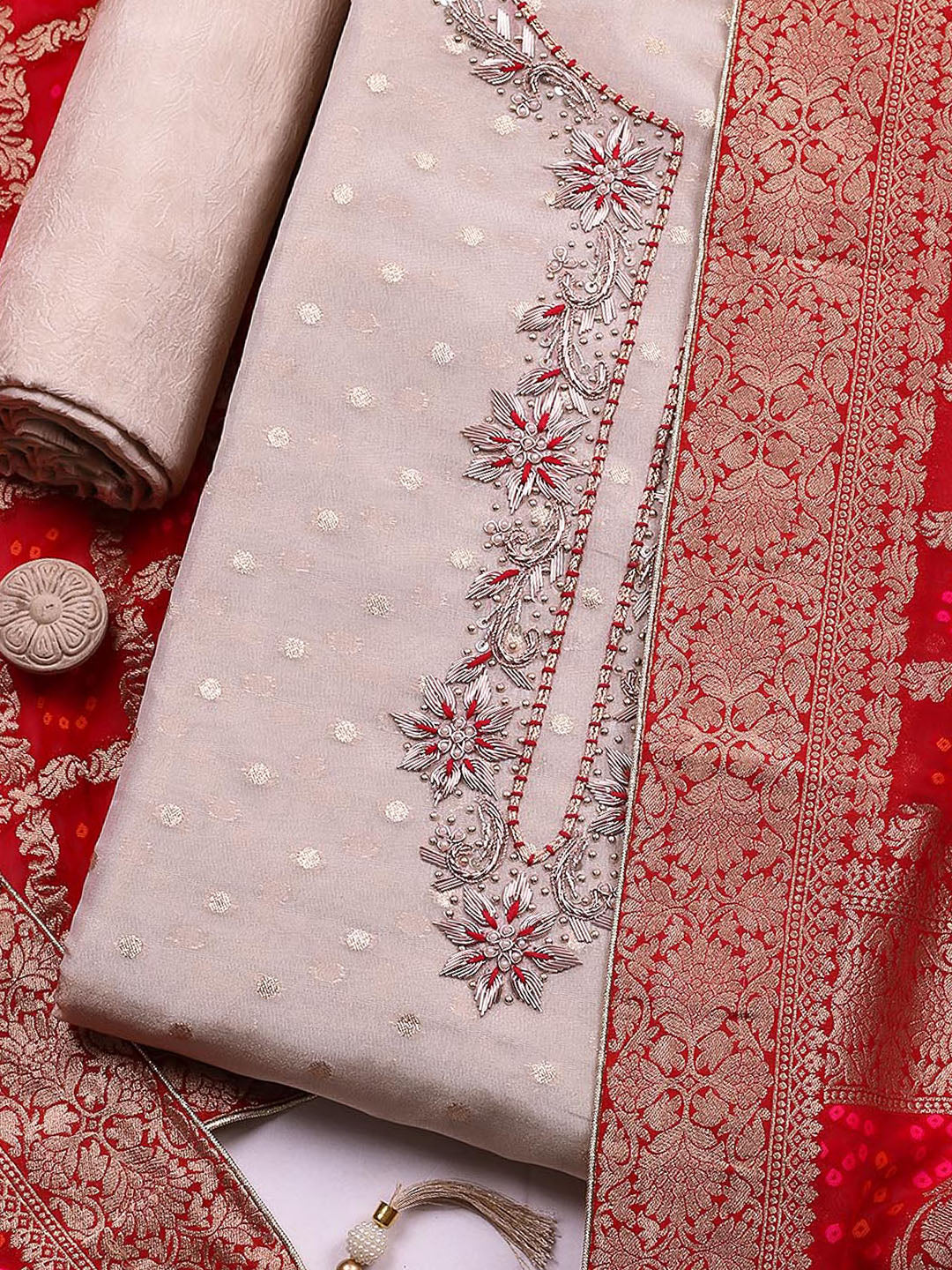 Embroidered Chanderi Unstitched Suit With Pant &amp; Dupatta