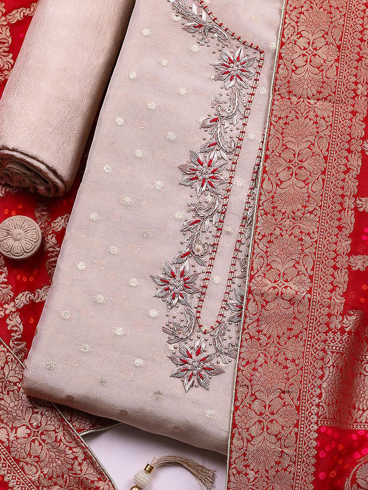 Embroidered Chanderi Unstitched Suit With Pant &amp; Dupatta