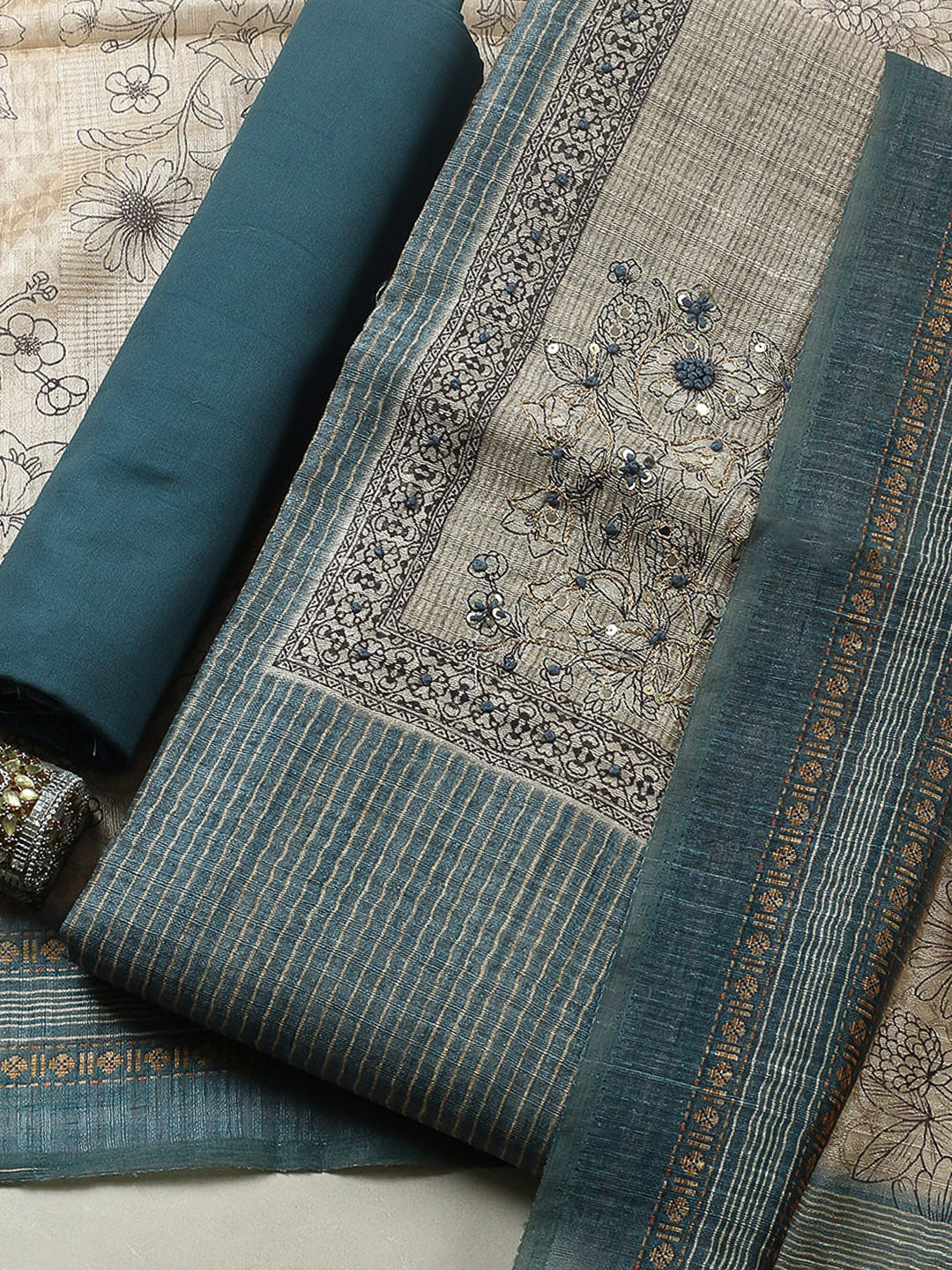 Embroidered Chanderi Unstitched Suit With Pant &amp; Dupatta