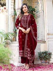 Neck Embroidered Velvet Kurta With Pants & Dupatta