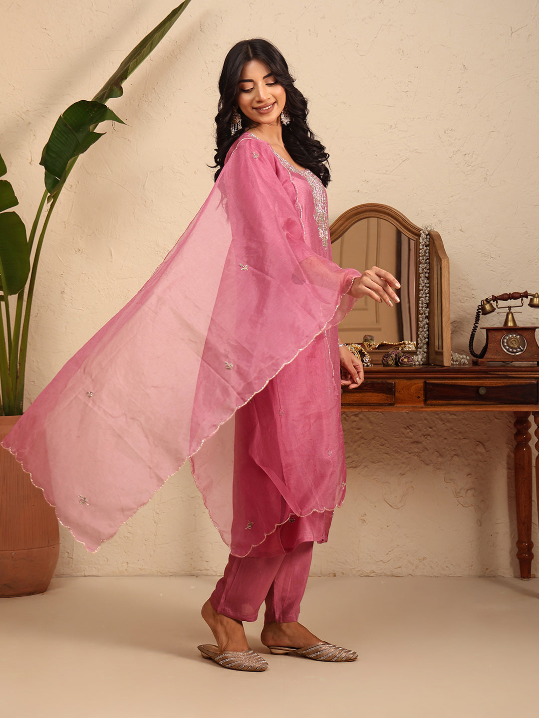 Embroidered Cotton Kurta With Pant &amp; Dupatta