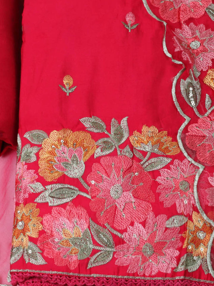 Embroidered Chanderi Unstitched Suit With Pant &amp; Dupatta