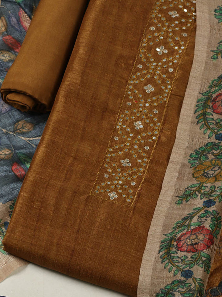 Embroidered Tussar Unstitched Suit With Pant &amp; Dupatta