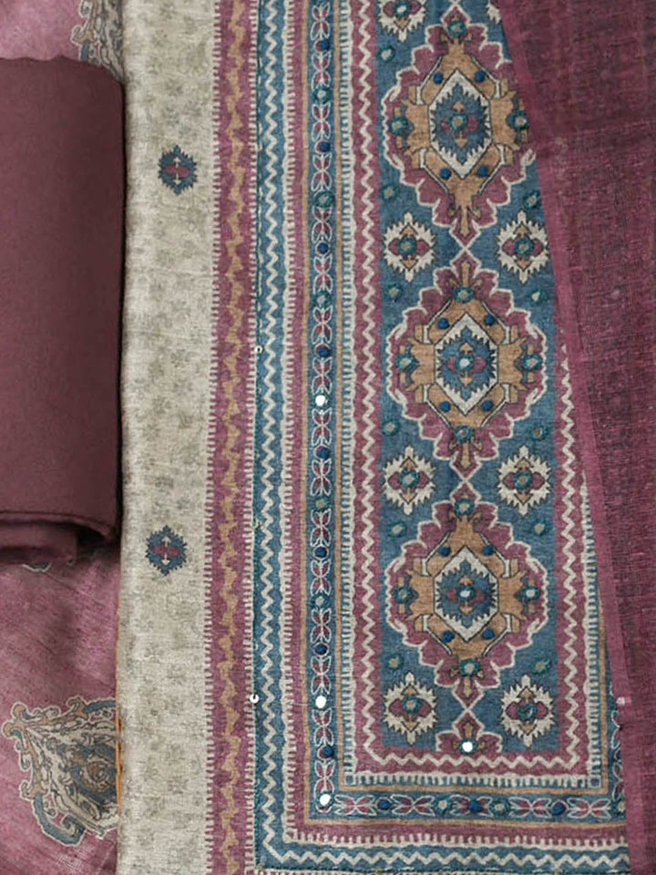 Printed Chanderi Unstitched Suit With Pant &amp; Dupatta