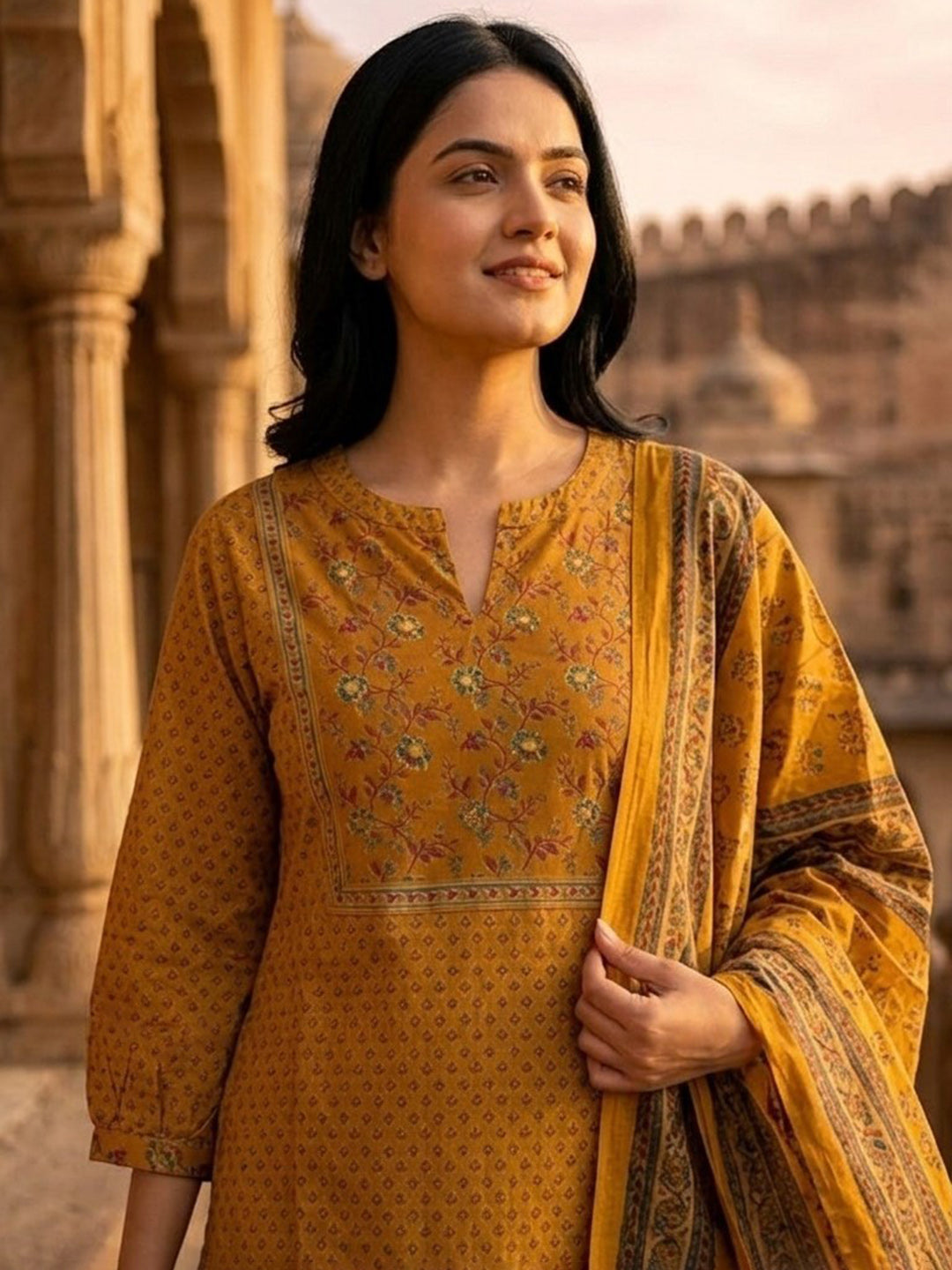 Yellow Embroidered Cotton Blend Straight Suit Set With Dupatta
