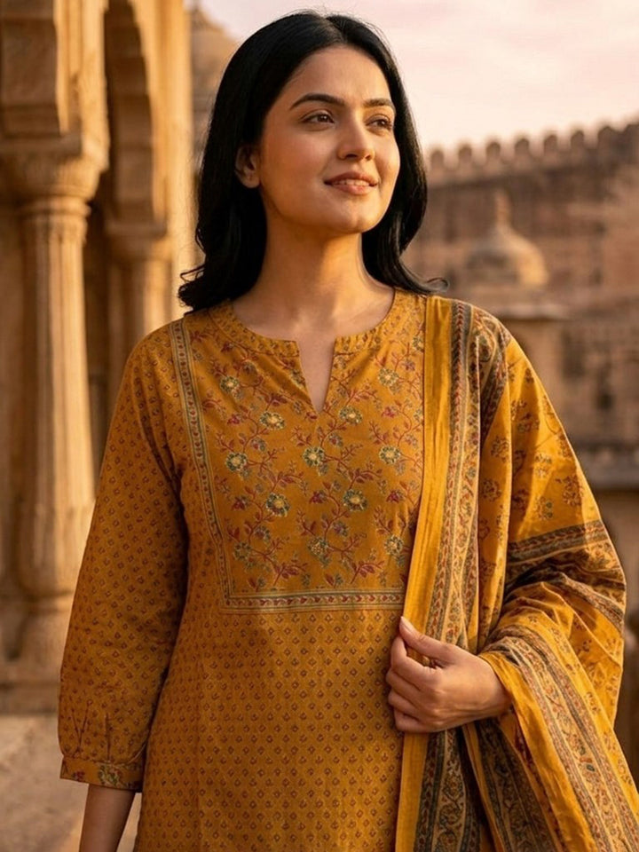 Yellow Embroidered Cotton Blend Straight Suit Set With Dupatta
