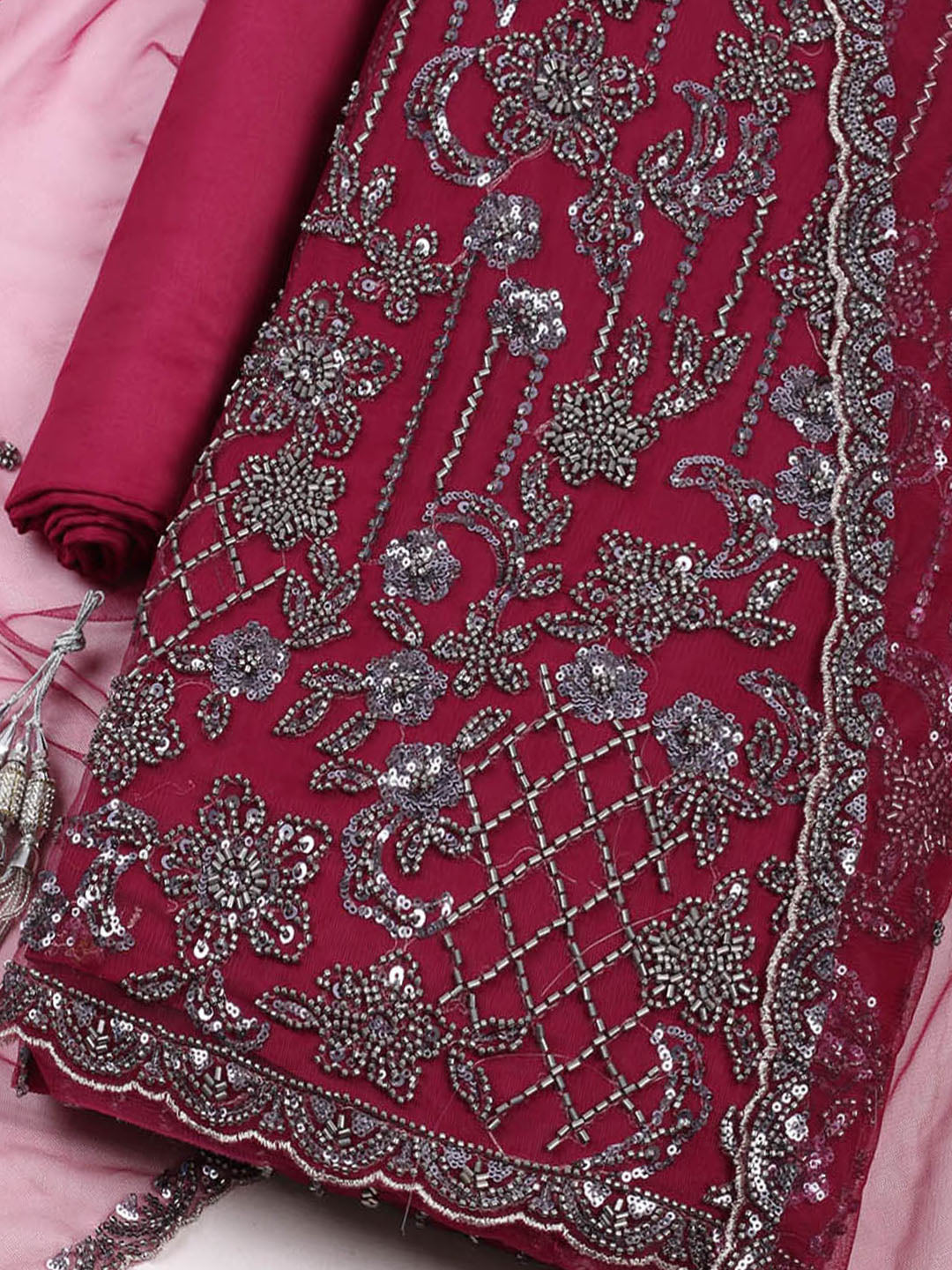 Embroidered Net Unstitched Suit With Pant &amp; Dupatta