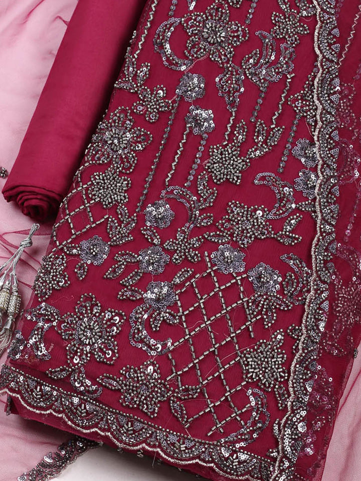 Embroidered Net Unstitched Suit With Pant &amp; Dupatta