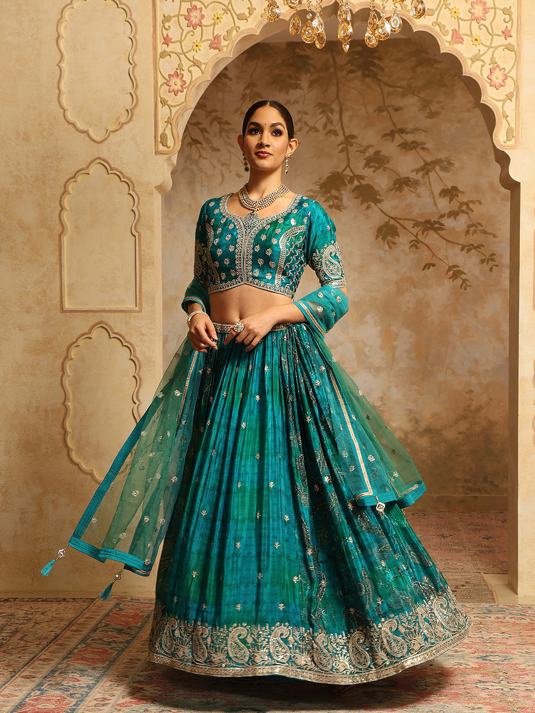 Zari Embroidered &amp; Printed Crepe Choli With Lehenga &amp; Dupatta