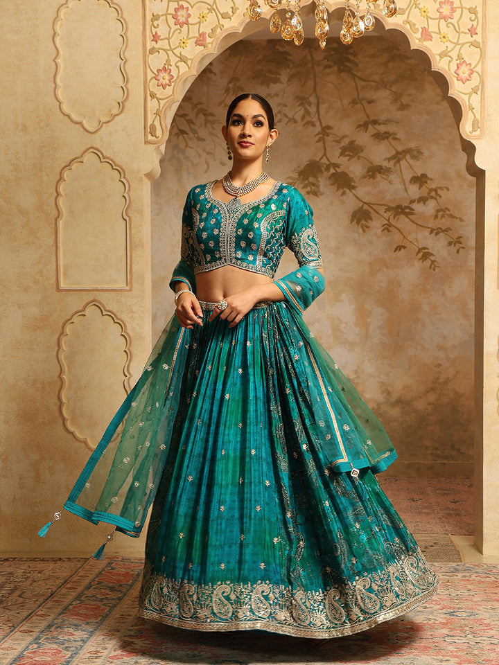 Zari Embroidered &amp; Printed Crepe Choli With Lehenga &amp; Dupatta